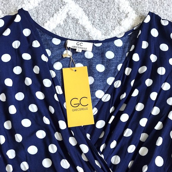 Grecerelle Women's Large Navy & White Polka Dot Surplice Long Flowing Maxi Dress - Picture 11 of 15